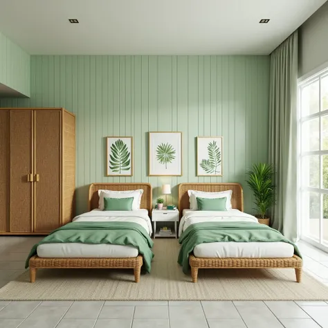  Create realistic, textured images of an entire view of a large, spacious bedroom decorated with two wicker-framed twin beds. The beds are covered with white bedspreads and green blankets folded at the feet. There are green decorative pillows on each bed. ...