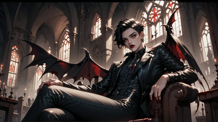 A gothic guy in the form of a vampire, 19 years old, black hair, perfect figure, vampire wings behind, starts to get up from a royal chair against the background of an abandoned church, dressed in leather pants and a shirt with blood,