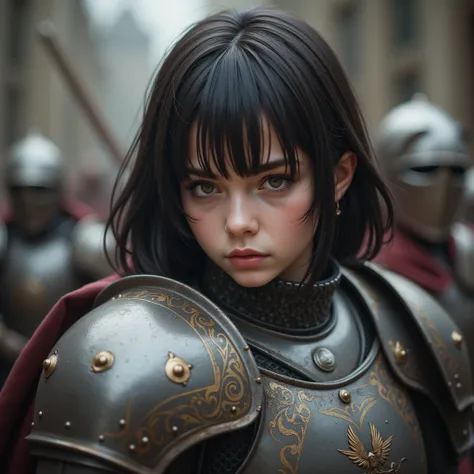 High resolution, masterpiece, photorealistic, a full armored 17-year-old pretty girl with black medium bob hair, brown eyes, round shape face, gentle look wearing a shiny medieval armour is bravely fighting an enemy soldier with intense anger expression.