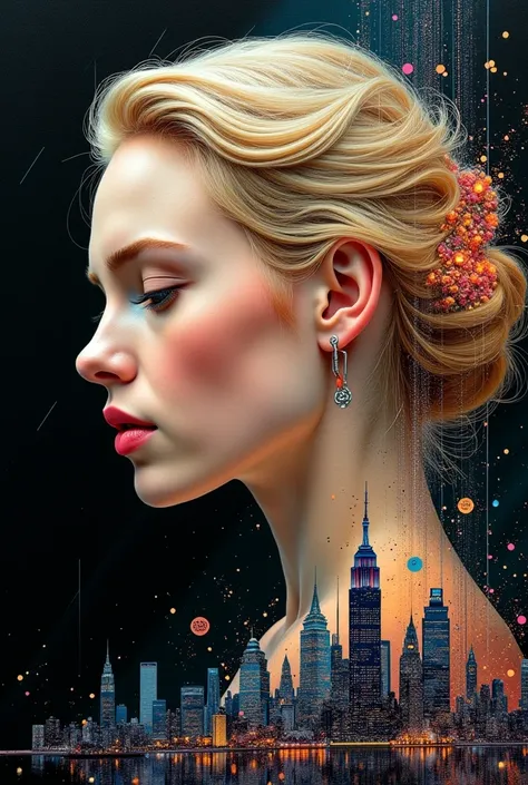 Portrait of a blonde female, soft features, captured in an oil painting style blended with futuristic, surreal abstraction, minimalist yet highly detailed, incorporates elements of patina circuitry creating a harmonious morphism with the cityscape backgrou...