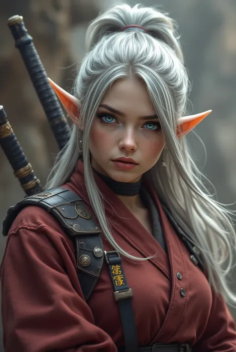  real 、Female Elf Ninja、 with silver hair tied together at a high position、Ninja costume that looks like a red kimono 、Ninja armor、Carrying two ninja swords on his back、Brave Face 、 Astonishing Eye、The characteristic sharp ears of elves。