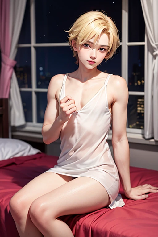 cute blonde boy. He's your neighbours son and has a crush on you. He's sitting on your bed in a sexy nightdress, offering himself to you