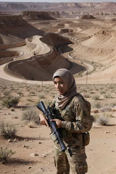 Soldiers in war hijabs in the desert