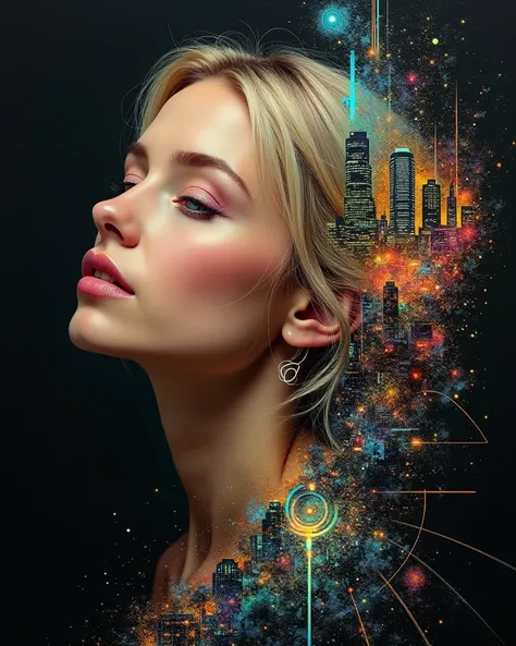 Portrait of a blonde female, soft features, captured in an oil painting style blended with futuristic, surreal abstraction, minimalist yet highly detailed, incorporates elements of patina circuitry creating a harmonious morphism with the cityscape backgrou...