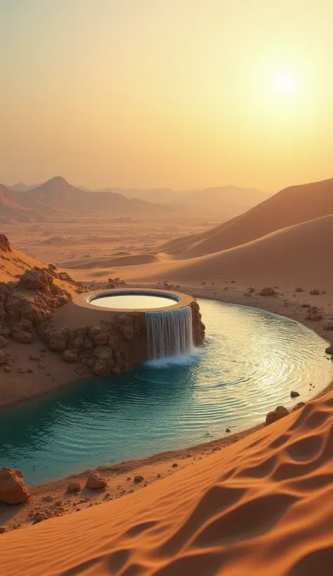 A cinematic portrayal of a peaceful desert scene with flowing water from the Zamzam well, hinting at its spiritual significance.