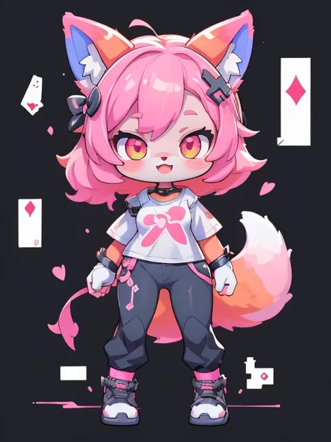  Female hairy pink fox  ,  Fox Ears ,  three fox tail  ,  wide hips , White Skin Body ,  simple background ,  full body, standing,  chibi. (cyberpunk style), ( High Quality ,  thong, 8k,  high resolution), ((estilo  chibi,  chibi cute)), ( alone,  A girl )...