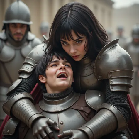 High resolution, masterpiece, photorealistic, a full armored 17-year-old pretty girl with black medium bob hair, brown eyes, round shape face, gentle look wearing a shiny medieval armour is trampling a defeated soldier with excited expression.