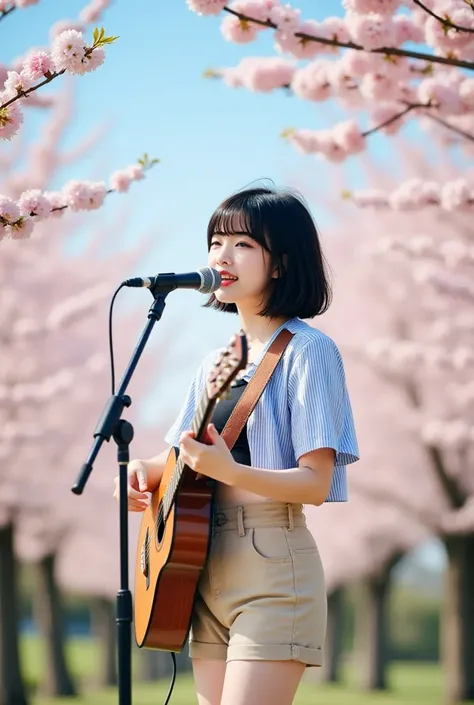 masterpiece, best quality, Cinematic photo, a 18-year-old Japanese woman (short black straight hair, bangs reaching to eyebrows, boyish, with ears sticking out, Brown eyes), Complete Anatomy, Complete Hands, wearing a black crop top, a light blue and white...