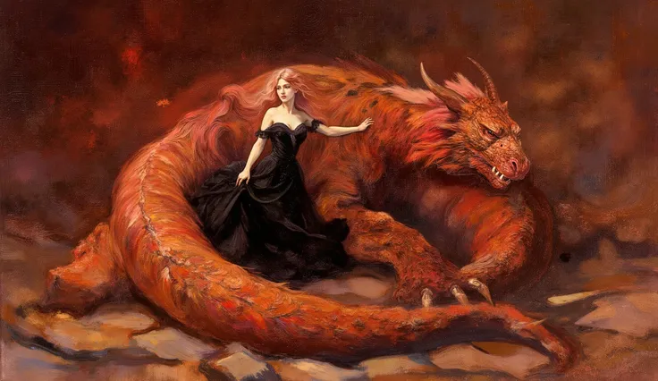 A hyper-realistic oil, acrylic, and watercolor painting of a massive red dragon. A full-length profile view of a beautiful woman with very long, wavy pink hair, wearing a black lace dress. She gracefully wraps her arm around the dragon, creating a striking...