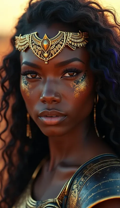 An ultra-detailed, breathtaking close-up of a fierce Black Amazon warrior, exuding raw power and regal beauty. Her deep amber-golden eyes, framed by thick, dark lashes, glow with an unyielding warrior’s intensity, reflecting the light of a distant battlefi...