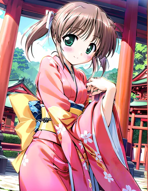Asagiri Mai, Alone, ５age, (cowboy shot),  brown hair,  short hair,  hair ribbon, twintails,  green eyes,  Tiny Breasts , (Cute Japanese clothes), ( cute pose), (Shichi-go-san), (Red cheeks:1.2), (bright smile:1.1), (shrine), (morning),  score_9,  score_8_s...