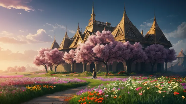  beautiful fantasy world with flowers,  dreams ,  hyperrealistic ,  Trending in Artstation  