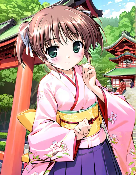 Asagiri Mai, Alone, ３age, (cowboy shot),  brown hair,  short hair,  hair ribbon, twintails,  green eyes,  Tiny Breasts , (Cute Japanese clothes), ( cute pose), (Shichi-go-san), (Red cheeks:1.2), (bright smile:1.1), (shrine), (morning),  score_9,  score_8_s...