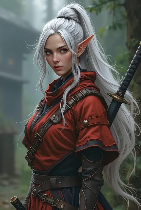  real 、Female Elf Ninja、 with silver hair tied together at a high position、Ninja costume that looks like a red kimono 、Ninja armor、Carrying two ninja swords on his back、Brave Face 、 Astonishing Eye、The characteristic sharp ears of elves。