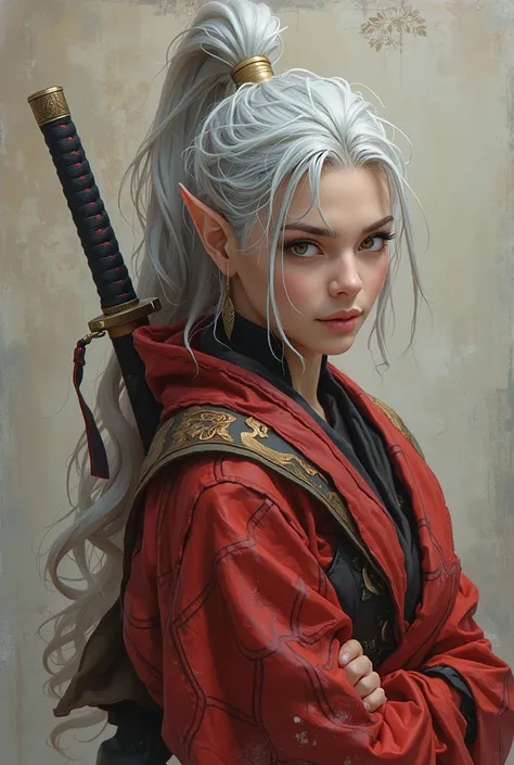  real 、Female Elf Ninja、 with silver hair tied together at a high position、Ninja costume that looks like a red kimono 、Ninja armor、Carrying two ninja swords on his back、Brave Face 、 Astonishing Eye、The characteristic sharp ears of elves。