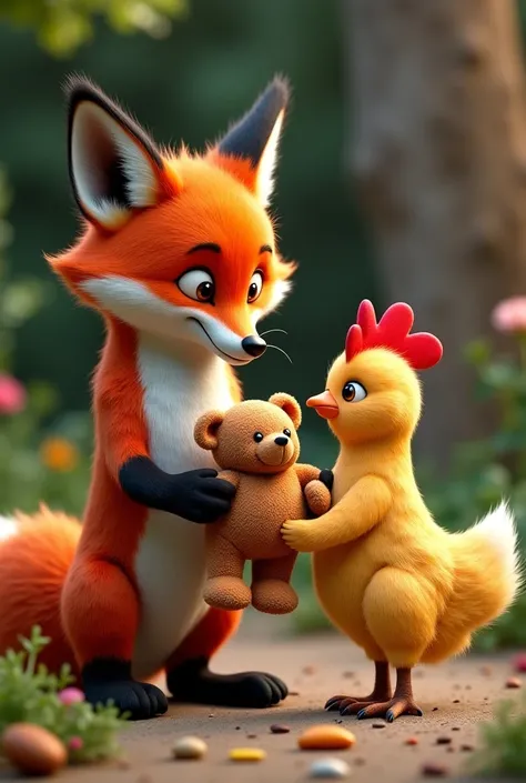 The fox is giving Teddy to the chicken. Look loke real 