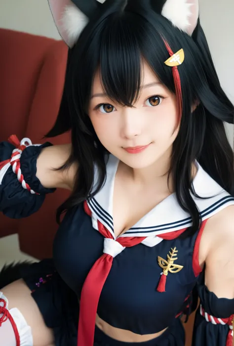  photo realistic,  Masterpiece,  top quality,  Complex Details,  anatomically correct,

my_base, hair ornament, sailor collar, red necktie, black shirt, black skirt, detached sleeves, midriff, kouhaku nawa, white thighhighs, tail wrap, tail around leg,

br...