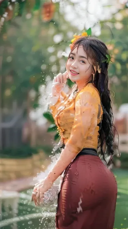 A beautiful Burmese girl is wet with water and looking at the photographer ,Those who play in the water with her smile and have fun, with a smiling face. Everyone wants to love her because of her curvy body,Wet clothes and exposed beauties ,full body, blue...