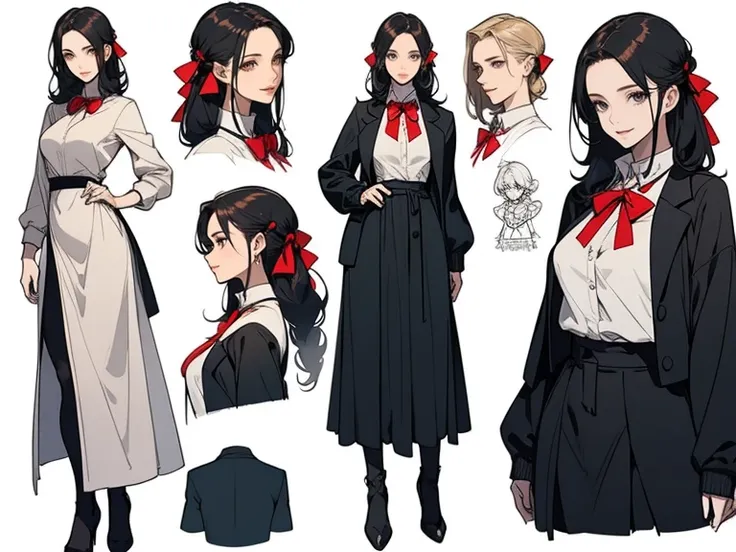 (( Masterpiece)),((( top quality))),(( character design sheet)), (( full body view))  illustrations, high school girl catalog cover , 1 girl,  thighs, (( detailed face:1.4)) , Rough sketch, Chest Bow Tie , big breast,Without clothes、 wear a black dress、 pu...