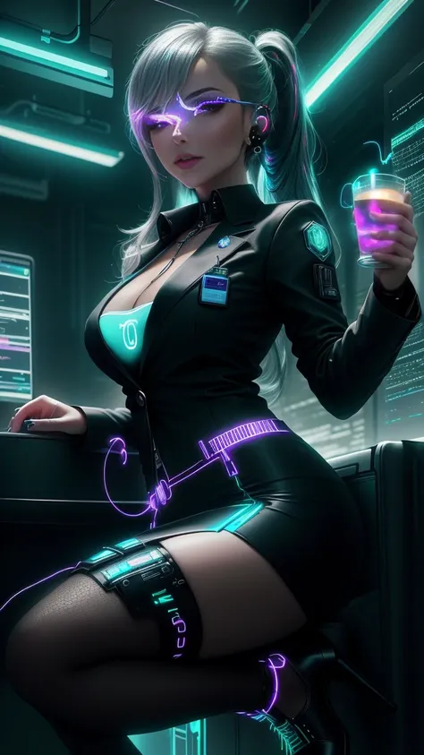 A stunning cyberpunk office worker, exuding futuristic elegance and efficiency, long silver hair with neon blue highlights, tied into a high-tech sleek ponytail, piercing violet eyes enhanced with an augmented reality interface, flawless porcelain skin emb...