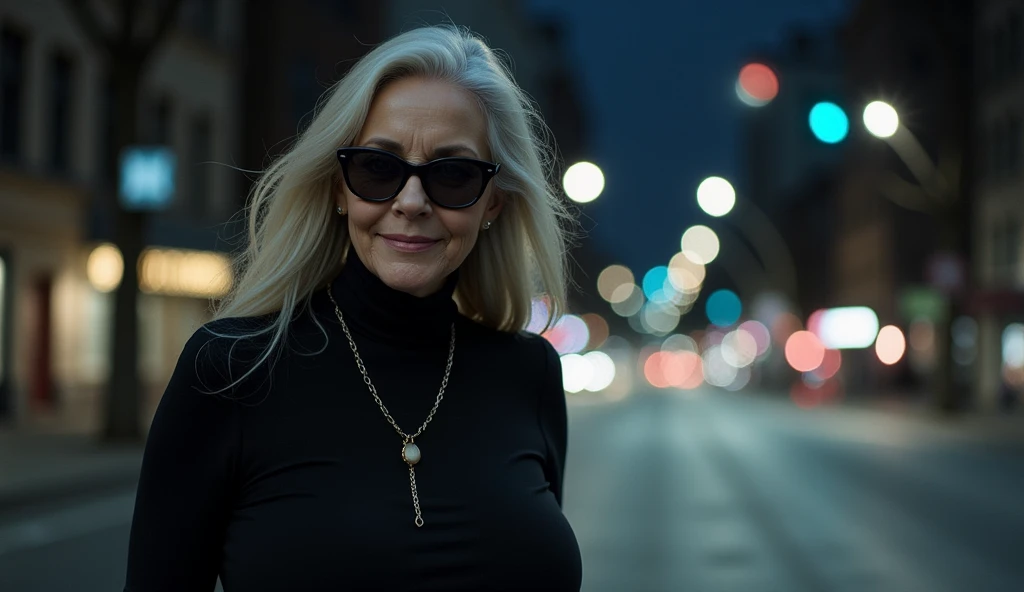 Black Cat of the Night
“An old elderly 75-year-old woman with a mysterious smile, wearing a black tight-fitting jumpsuit and dark sunglasses. She walks the empty streets of a big city at night, her long silver hair shimmering in the light of the streetlamp...