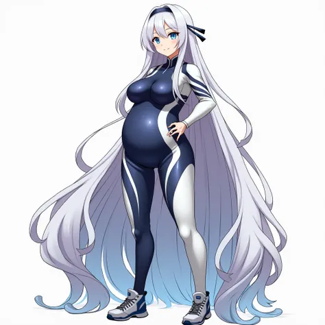 anime girl, long hair, white hair,big pregnant, very big breasts, very big belly , hyper-pregnant girl , the biggest belly , anime style, high resolution, big breasts, hyper-pregnant girl with a big belly, dark blue eyes, full height, smile, big pregnant b...