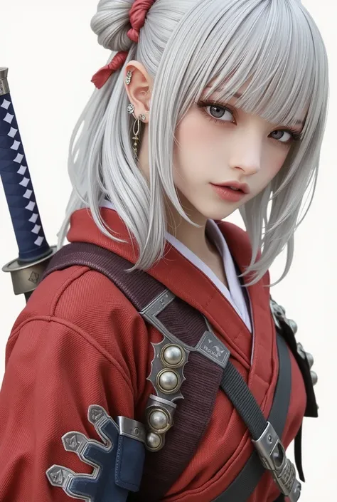  real 、Female Elf Ninja、 with silver hair tied together at a high position、Ninja costume that looks like a red kimono 、Ninja armor、Carrying two ninja swords on his back、Brave Face 、 Astonishing Eye、ブラウンの瞳、エルフの耳。