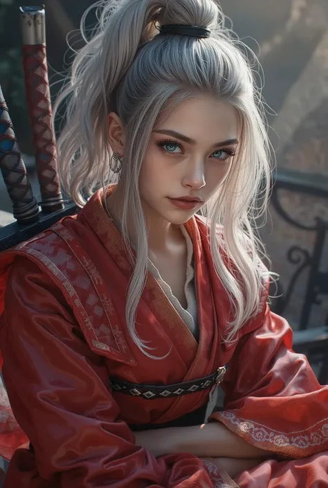  real 、Female Elf Ninja、 with silver hair tied together at a high position、Ninja costume that looks like a red kimono 、Ninja armor、Carrying two ninja swords on his back、Brave Face 、 Astonishing Eye、ブラウンの瞳、エルフの耳。