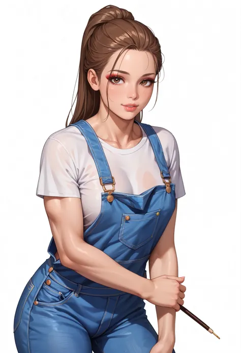 ((White background )) (Curve:1.1) rathing_explicit ,((1girl)) , (solo girl), (Long brown hair with a ponytail), lip stick, makeup, (brown eyes:1.05), (blush:0.3), Age 30 years (Russian girl) ((White T-shirt, denim overalls:1.4))  ,tall, long sexy legs, ((t...