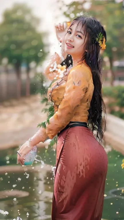 A beautiful Burmese girl is wet with water and looking at the photographer ,Those who play in the water with her smile and have fun, with a smiling face. Everyone wants to love her because of her curvy body,Wet clothes and exposed beauties ,full body, blue...