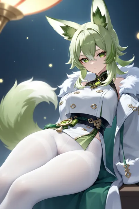 、 best thighs、 Genshin、Dispatched Light Wheel、 beautiful skin、Clear shadows、front、 long coat、 green hair、 green eyes、 white tights、 fox ears、Fox Tail、lure