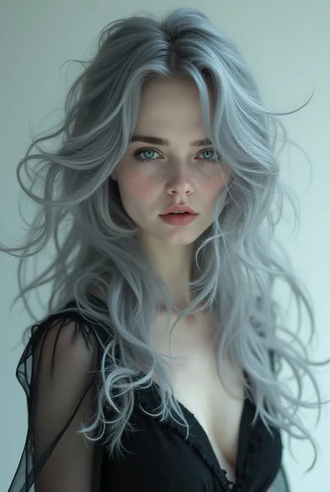 1 ,  A girl,  girl with long hair,  With gray hair, Girl with hair moving like smoke, sexy transparent black dress with white details,  blue eyes, 