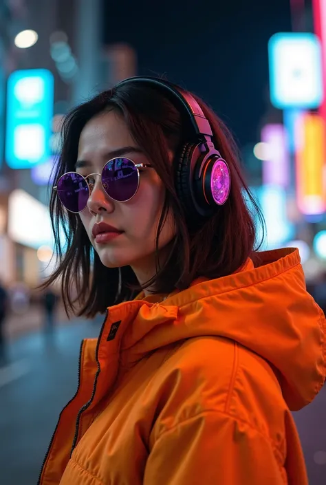 The image is a close-up portrait of a young woman in a city at night. She is wearing a bright orange jacket and has a pair of headphones on her head. The headphones are black with pink and orange accents. The woman has shoulder-length dark hair and is wear...