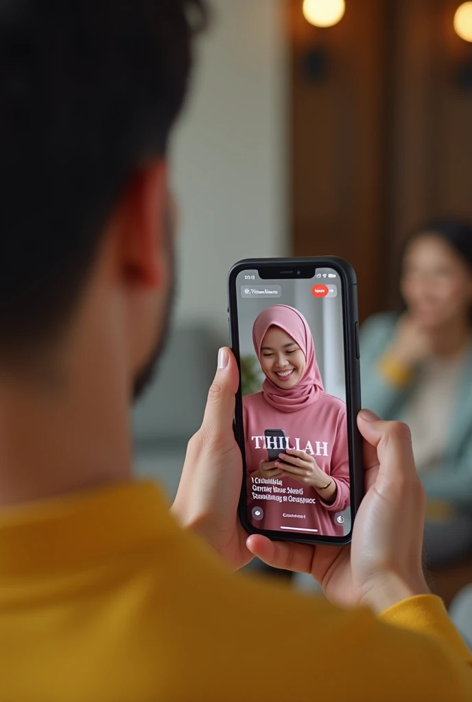  An iPhone showing a beautiful Korean woman reading a news story, on the iPhone screen there is the text THILLAH,  in bold 3D letters , the woman was wearing a pink t-shirt outfit,  pink hijab and smiling , in front of the iPhone there was a man watching, ...