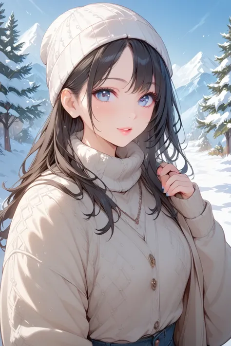 (  Top Quality)( Artistic )(  beautiful face)woman, beanie,  winter clothes,  