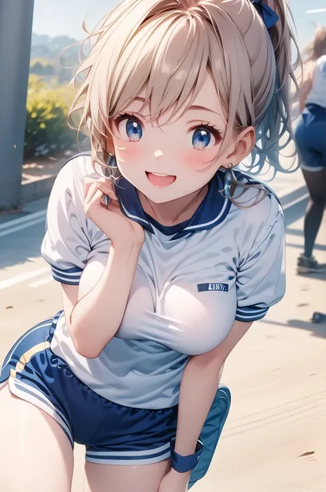 A beautiful girl in a gym uniform getting ready to do exercises, anime girl, 1girl, (20 years old girl), (aged up), schoolyard, a light skinned girl, ponytail, hairclip, hair ribbon, earrings, open mouth, smile, blush, glossy lips, big breasts, perfect bod...