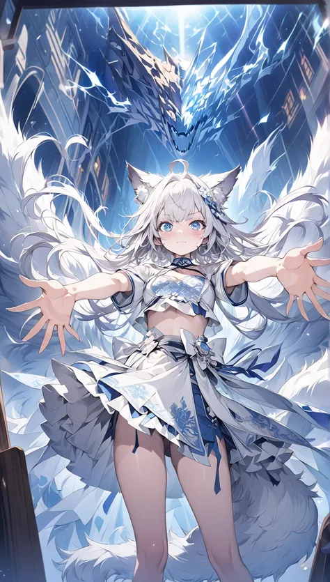 ( masterpiece:1.2), ( top quality:1.2),  ultra high resolution,  Very detailed, Perfect lighting, Wolf Girl, White hair, National Costume,  otherworldly fantasy,  fluffy tail , cute,  reach out to the audience , From the front, The screen cracked , 数字动漫艺术 ...