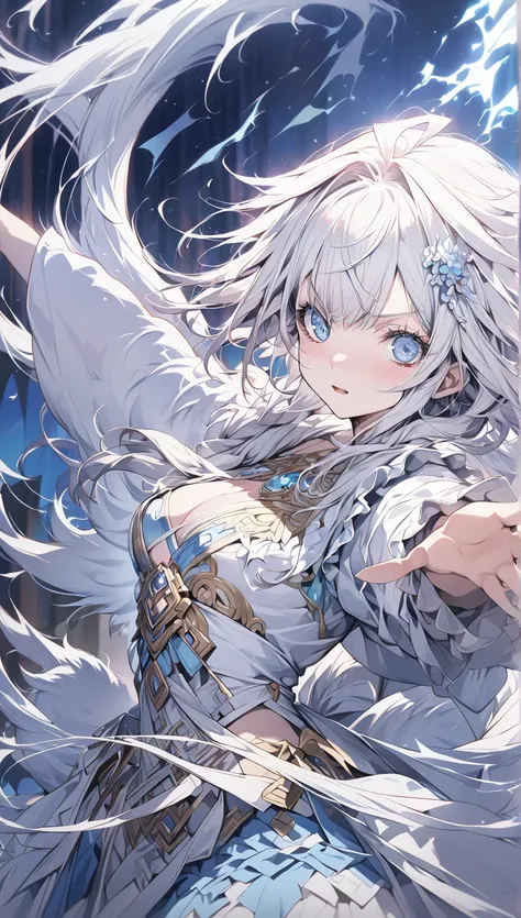 ( masterpiece:1.2), ( top quality:1.2),  ultra high resolution,  Very detailed, Perfect lighting, Wolf Girl, White hair, National Costume,  otherworldly fantasy,  fluffy tail , cute,  reach out to the audience , From the front, The screen cracked , 数字动漫艺术 ...