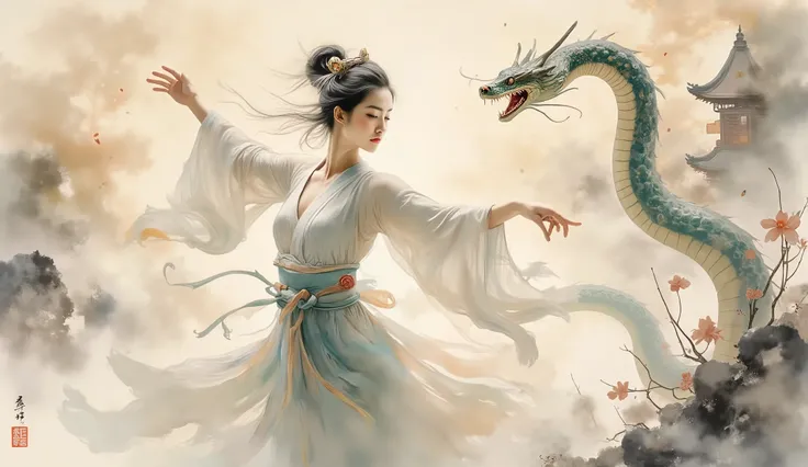 fine art chinese ink painting depicting harmonious dance between celestial snake and classical chinese beauty, woman's traditional hanfu robes flow in spiritual dance, dreamy clouds surround figures, architectural silhouette of forbidden city in far backgr...