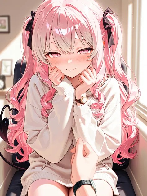   in the seat、 Gray Hair、  pink hair inner color 、  light pink eyes、  narrowed eyes 、  embarrassed expression、  long hair、 Curly Hair、  frill、ribbon、oversized white sweatshirt  、  Moe sleeve  、indoor、 smile、 Watch Viewers  、  half up twin tail、 Gentle colo...