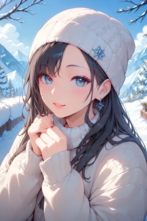 (  Top Quality)( Artistic )(  beautiful face)woman, beanie,  winter clothes,  