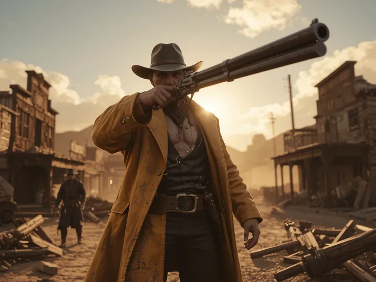 A battle-worn bounty hunter, his yellow coat billowing in the wind, stands in the middle of a dusty western town, his massive six-barreled revolver aimed straight ahead. The setting sun casts a golden light on his scarred chest, his cigar smoldering as he ...