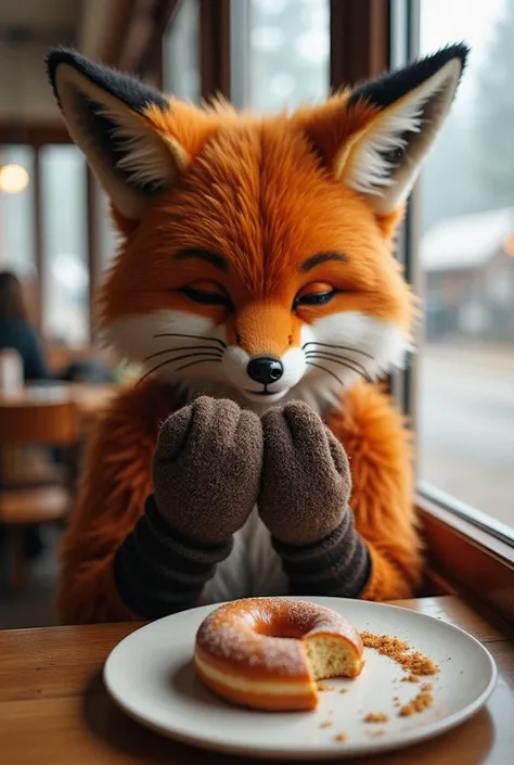 The girl turns into a fox,  sits at a table in a cafe and looks at her hand, covered with wool. There is a bitten donut on the table on a plate, which has some fox hair on it. A Montana village is visible outside the window,  In the background is a pine fo...