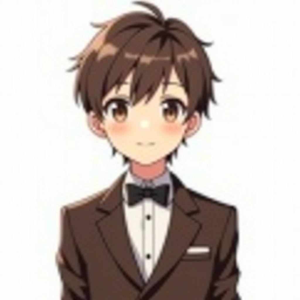  boy dressed in a brown tuxedo suit anime and background white 