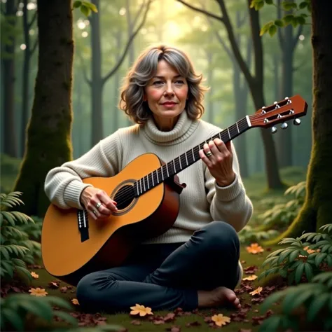 50 year old woman in the woods with a guitar in a white jumper and black jeans. 