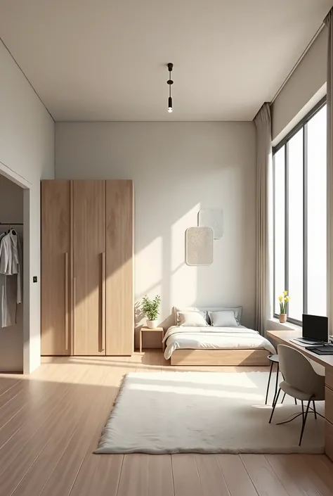 Create an aesthetic minimalist room decor whose entrance is from left having wardrobe on left side, a bed in centre a gaming system a window on the right room measurements 12×12