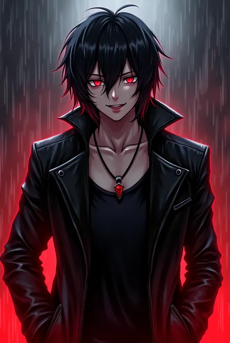 Man anime or manga-style character with a dark, edgy appearance. The Sancharacter has long, dark hair, red eyes, and is wearing a leather jacket and necklace. The background is dramatic, with rain and a fiery glow, enhancing the intense atmosphere, vampire...