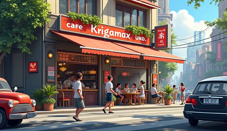 A cafe name KrigaMax infront of cafe some people and some cars