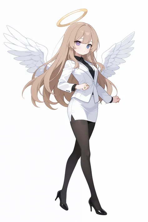  one girl、 full body standing picture 、 Light Brown Hair、 semi-long hair、 cool vibes、Eye color: blue、 white business suit、 tight skirt、The shirt is black、Neckties are white。 zitoida、 has a white background。 big angel wings、 Angel Ring 、Older sister。 black ...