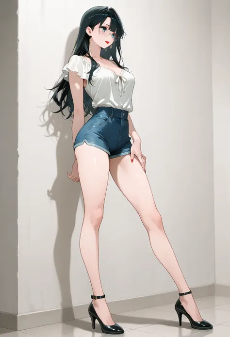   A beautiful woman with long black hair wearing lipstick lenses with medium breasts and a thin waist with long legs, is standing sideways , wears a short blouse and short shorts with an open zip pulling out her erect penis . Wide full body shot .